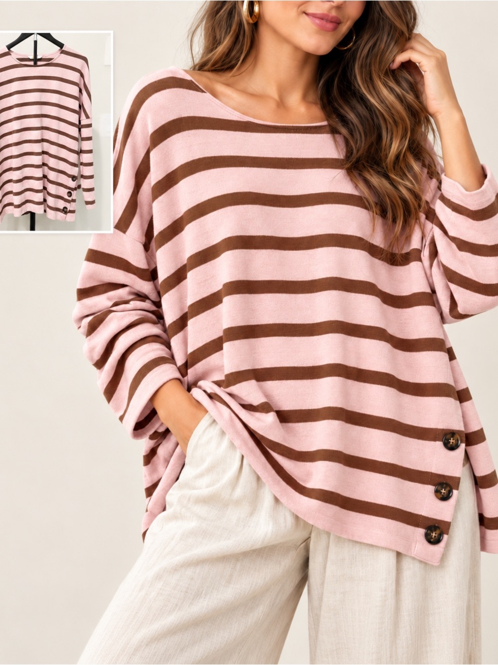 Boden Pink & Brown Striped Cotton Oversized Sweater New England Preppy Lagenlook
